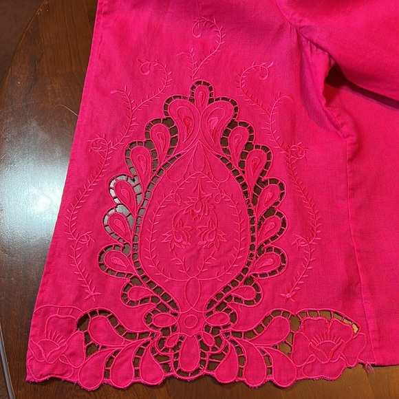 Chico’s 100% Linen Magenta Pink Eyelet Open Embroidery Broderie Anglaise Blazer - Picture 10 of 10